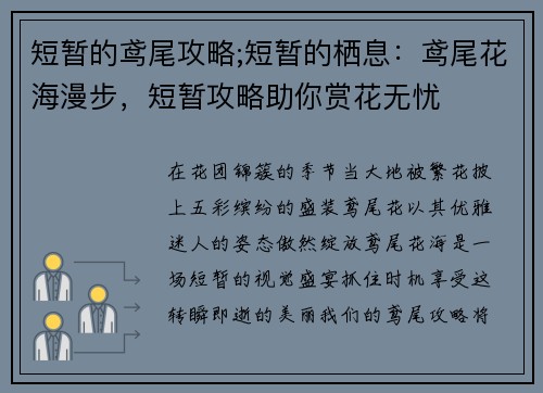 短暂的鸢尾攻略;短暂的栖息：鸢尾花海漫步，短暂攻略助你赏花无忧